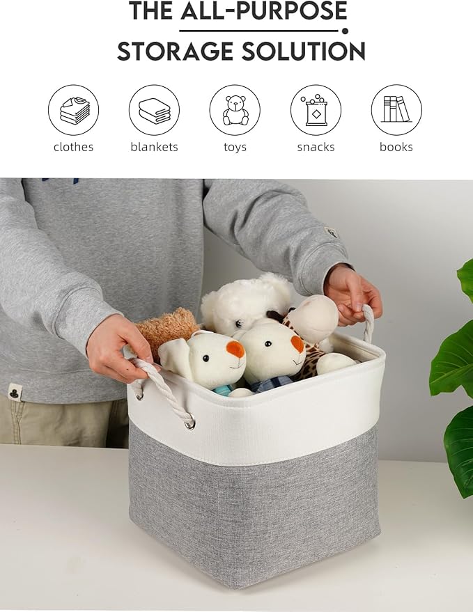Temary 11 Inch Cube Storage Bins - 6 Pack Foldable Fabric Storage Baskets with Soft Rope Handles, Sturdy Organizer Cubes with Metal Frame for Shelves, Closet, Office & Home Organization (White&Grey)