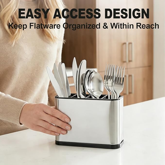 Utensil Holder, Silverware Organizer Caddy for Countertop Kitchen with 4 Compartments, Flatware Spoon Fork Tool Cutlery Holder Utensil Crock with Drain Tray for Counter Party Office, Silvery