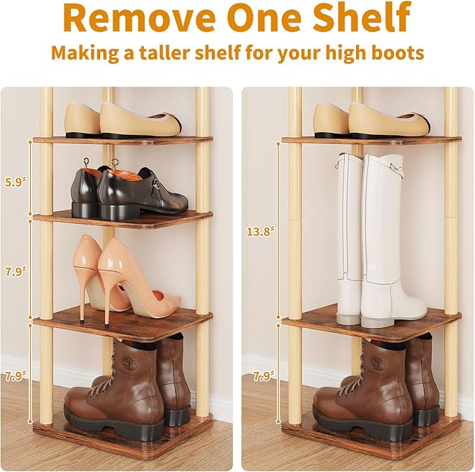 LUCKNOCK Vertical Shoe Rack, 8-Tier Tall Narrow Shoe Organizer for Entryway, Closet, Dorm & Small Spaces, Freestanding Wooden Shoe Shelf Tower for Boots, Sneakers, Heels. (Rustic Brown)
