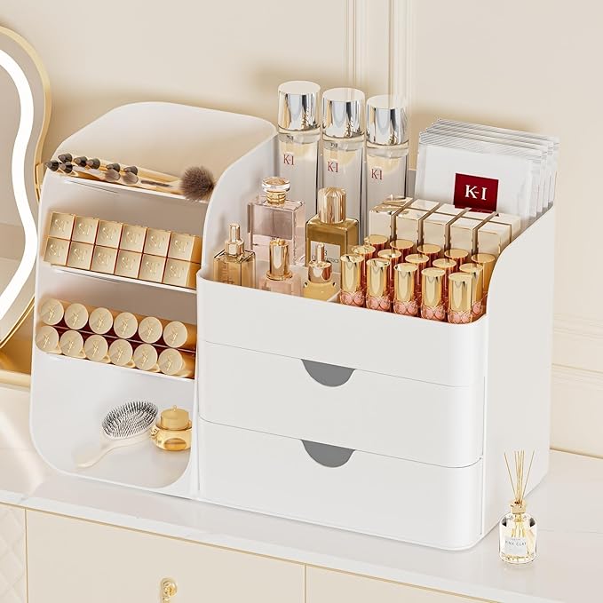 Makeup Organizer with Drawers, Large Capacity Countertop Organizer for Vanity, Bathroom and Bedroom Desk Cosmetics Organizer, Easy To Storage Skincare, Brushes, Eyeshadow, Lipstick (All White)