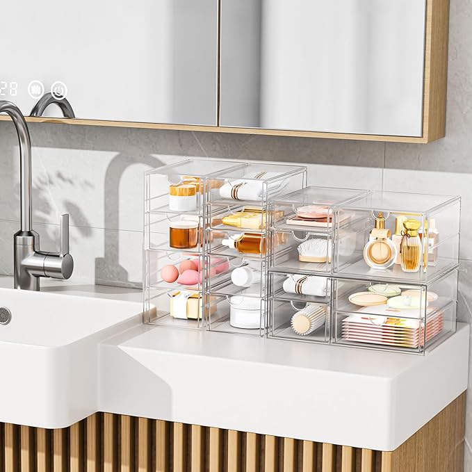 YFXCVSL Clear Stackable Storage Drawers, Acrylic Makeup Organizer with 7 Drawers, Bathroom Organizers and Storage, Plastic Bins for For Vanity, Undersink, Kitchen Cabinets, Pantry