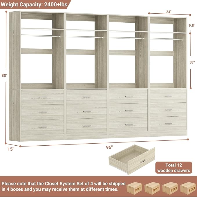 Besiost Closet System Set of 4, 8FT Closet Systems with 12 Wood Drawers, 96" Closet Organizer System with 4 Hanging Rods & 4 Shelves,Heavy Duty 96 Inch Walk-in Closet,White Oak (96"L x 15" W x 80" H)