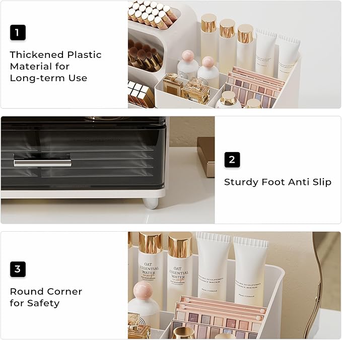 Makeup Organizer for Vanity with Brush Holder, Large Capacity Bathroom Countertop Skincare Organizer with 2 Drawers, Cosmetic Display Case for Perfumes, Eyeshadow Palettes, Nail Polishes