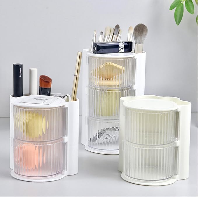 Hair Accessories Organizer with Hair Brush Holder, Rotatable Makeup Brush Holder for Necklaces, Earring, Bracelet, Ring, Makeup Brushes, Hair Clip and Hair Accessories (2 Layer Beige)