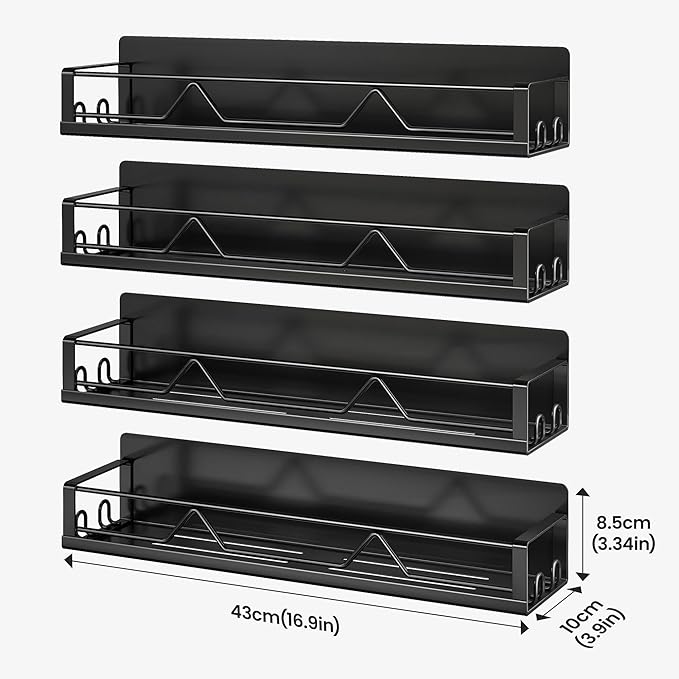 Mystozer 16.9 Inch Wide Large Capacity Magnetic Spice Rack for Refrigerator,4 Pack Metal Fridge Shelf Apartment Essentials Fridge Organizer Magnetic Storage Fridge Magnet Organizer(Black)