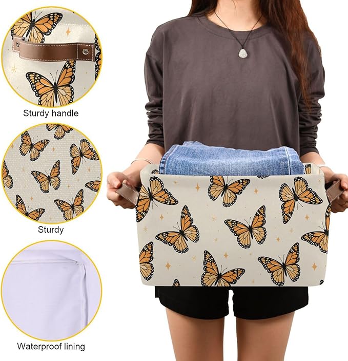Monarch Butterflies Large Storage Basket Cube Storage Bin Canvas Fabric Organizer Handles Collapsible Decorative for Clothes Bedroom