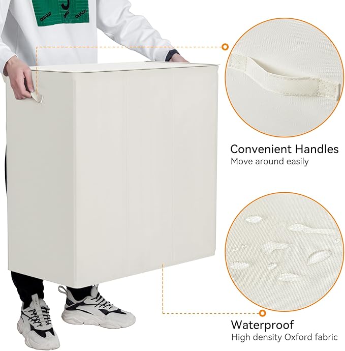 WOWLIVE 180L Laundry Hamper with Lid 3 Section,Large Laundry Basket with Removable Bags and Handles,Collapsible Dirty Clothes Hampers for Laundry,Laundry Basket Organizer for Laundry Room,Dorm,Beige