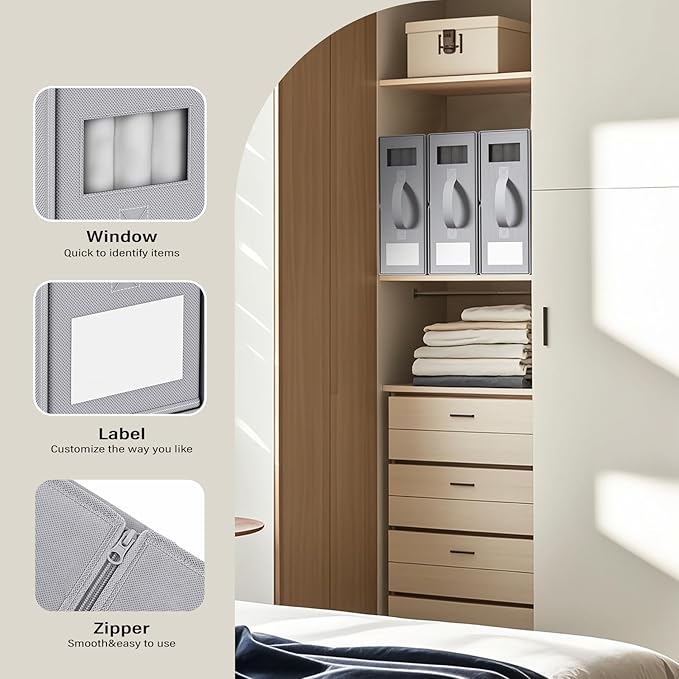 Foldable Bedding Organizer, Fabric Storage Bins for Bed Sheets, Duvet Covers and Pillowcases, Closet Organizer, Storage Container Boxes for Blankets, Clothes (6 pack(Queen or King), Grey)