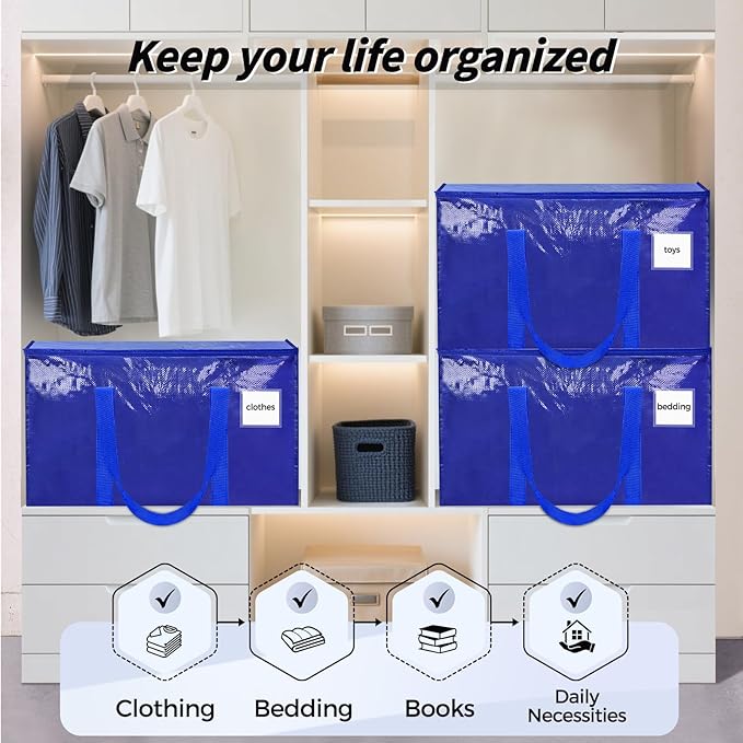 16 Pack Extra Large Heavy Duty Moving Bags, Blue Storage Bins with Lids, Reinforced Handles & Heavy-Duty Zippers Moving Boxes Storage Bags Totes for Clothes Packing, Dorms, College Supplies, Blue