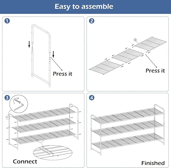 KEETDY 3-Tier Long Shoe Rack for Closet Metal Shoe Organizer for Entryway, Wide Stackable Shoe Storage Shelf with Sturdy Wire Grid for Closet Floor, Bedroom, Grey