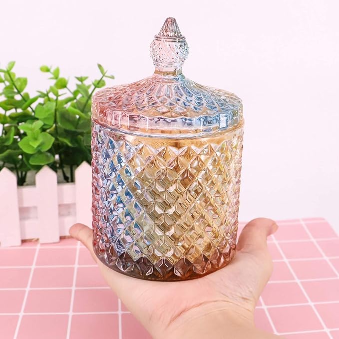 Colorful Home Decorative Jar Qtips Holder Dispenser Glass Storage Container Bathroom Counter Vanity Organizer for Bath Salts/Swabs/Rounds Makeup Sponges Toothpick Jewelry(Rainbow, 10 oz)