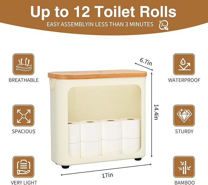 Toilet Paper Storage with Bamboo Lid,Foldable Basket Organizer for Bathroom, Holds 9 Mega/12 Regular Rolls, Waterproof Toilet Paper Holder Storage with Non-Slip Base,Beige