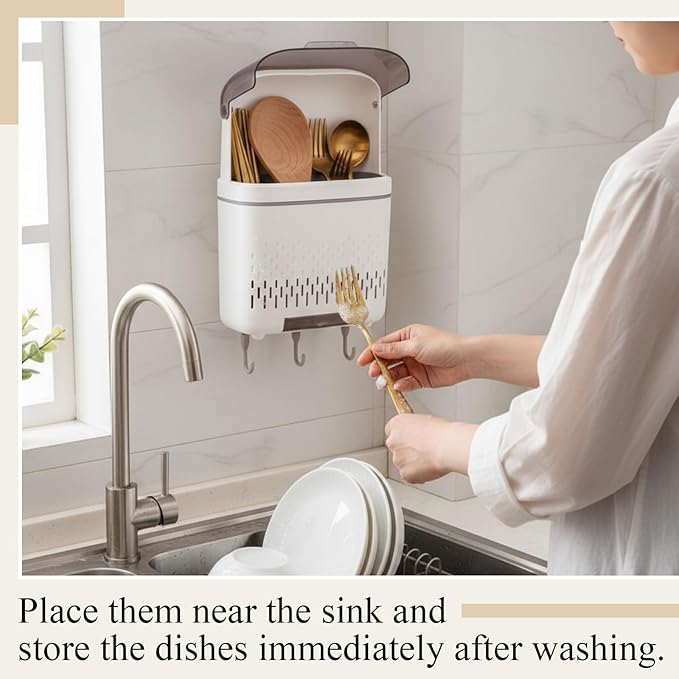 Sliner Wall Mount Utensil Rack Holder with Lid and Hook Waterproof Compartmental Storage Caddy Cutlery Drainer with Cover Detachable Kitchen Hanging Chopstick Silverware Organizer Moonlight White