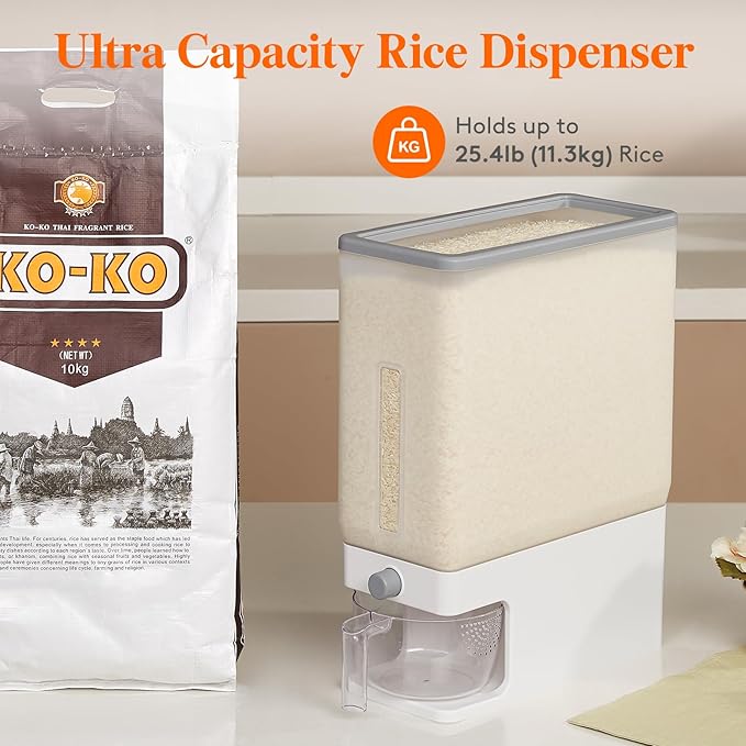 Lifewit Rice Dispenser 25 Lbs(11.3kg), Rice Storage Container Sealed Moisture Proof with Measuring Cup for Kitchen Pantry Household, BPA-Free, 1 Pack Clear