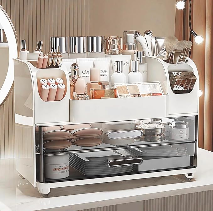 Tiered Makeup Organizer, Mint Green Cosmetic Storage Display Case with Brush Holder, Vanity Beauty Product Storage System (WHITE)