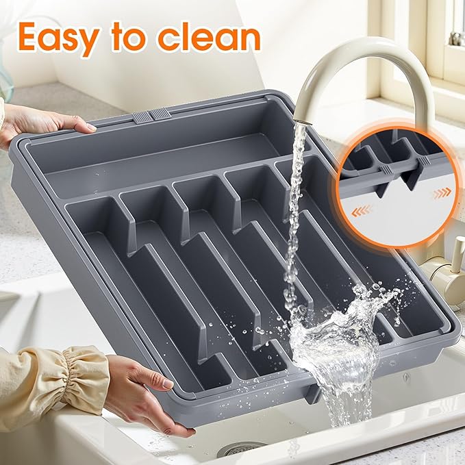 SpaceHacks Silverware Organizer,Adjustable & Expandable Utensil Drawer Organizer, BPA Free Utensil Holder, Cutlery Tray for Forks, Spoons, Knives in Kitchen, Large, Grey