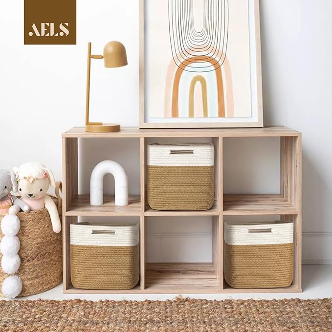 AELS Hand Woven Cotton Baskets for Storage, Cube Storage Bins with Handles, Foldable Collapsible Closet Organizers and Storage, Boho Farmhouse Storage Cubes for Shelves, Beige and Khaki