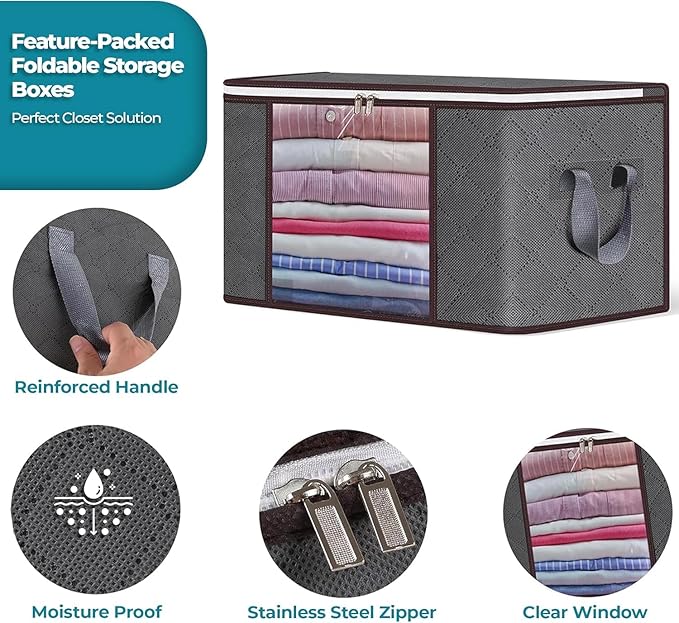 90L Large Storage Bags for Clothes,Blanket and Comforter, 6 Pack Foldable Clothes Storage Bins for Closet Organizer, Storage Containers with Handle, Storage Box