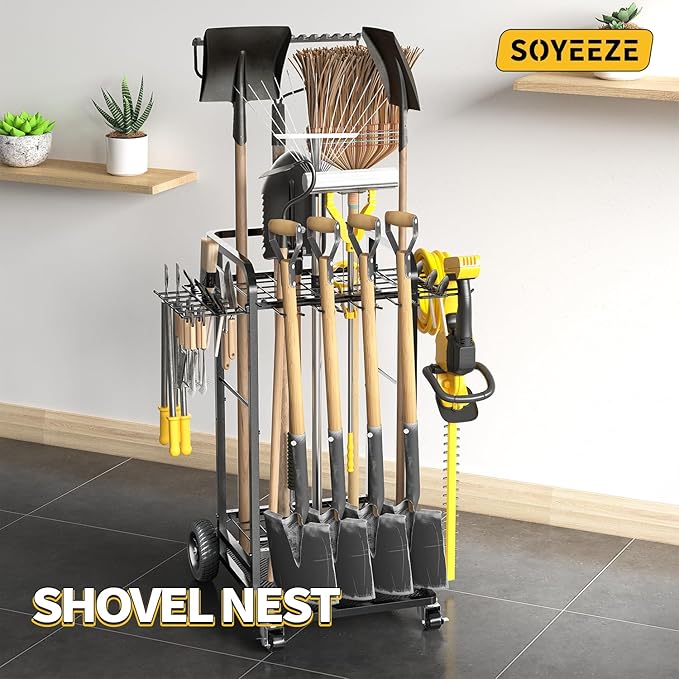 SOYEEZE Garden Tool Organizer with Large Wheels, Heavy Duty 3-Tier Yard Tower Tool Rack for Garage, Holds Up to 35 Long-Handled Tools, Garden Tool Cart with 12 Hooks for Tool Organization Storage