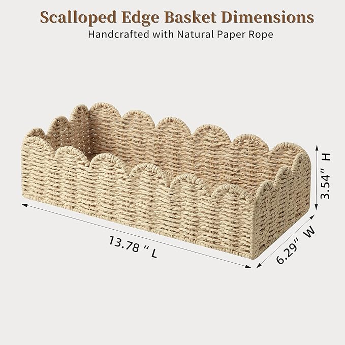 Scalloped Wicker Toilet Paper Storage Basket, Handwoven Paper Rope Basket Organizer for Toilet Tank & Shelves, Decorative Woven Storage Bin for Living Room, Bedroom & Coffee Table,Beige M
