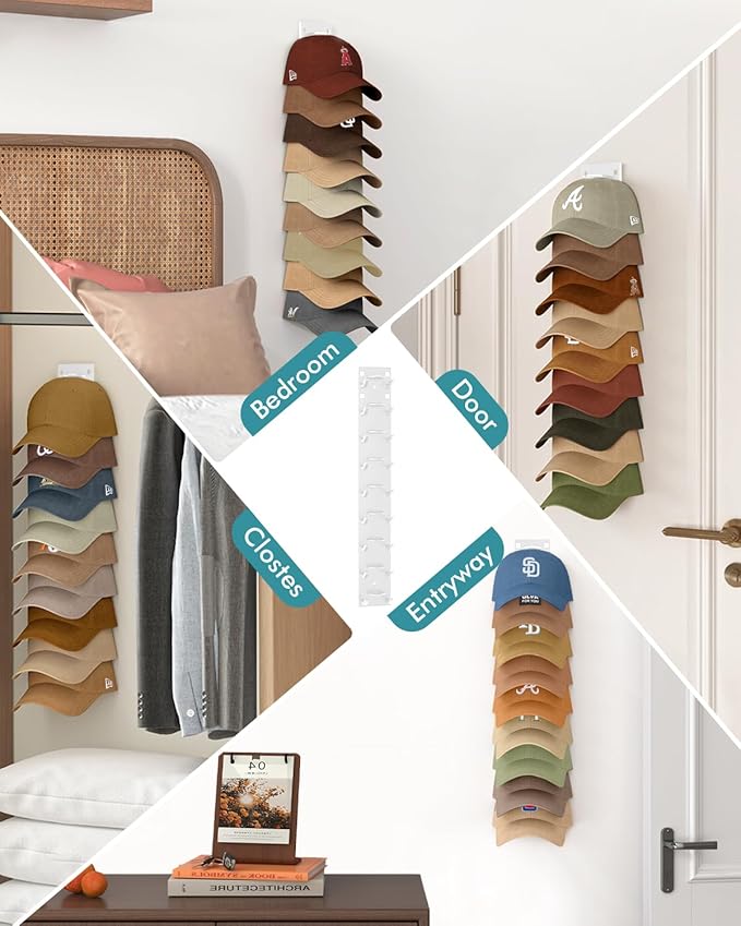 Hat Organizer for Baseball Caps (2-Pack), Strong Adhesive Hat Rack for Wall, Multi-layer Hat Hooks Storage for 18 Hats, Hat Holder Hanger for Door, Bedroom, Closet - White