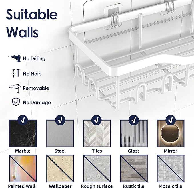 NESOMI Shower Caddy Adhesive Shower Organizer 7-Pack, Rustproof Stainless Steel Bathroom Shelves, Large Capacity No-Drill Rack Storage Accessories with Soap Dish Toothbrush Holder Hooks