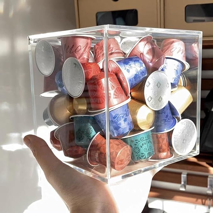 Coffee Pod Holder with Lid, 5 x 5 inch Acrylic Storage Box for Nespresso VertuoLine Capsule K Cup Kcup Holder Coffee Pod Tea Bag Candy Storage Organizer Container