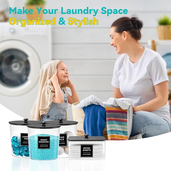 Laundry Pods Container & Dryer Sheet Holder, Laundry Room Organization and Storage Jars with Lids, Labels & Scoops for Powder Detergent Scent Booster, Black Lid