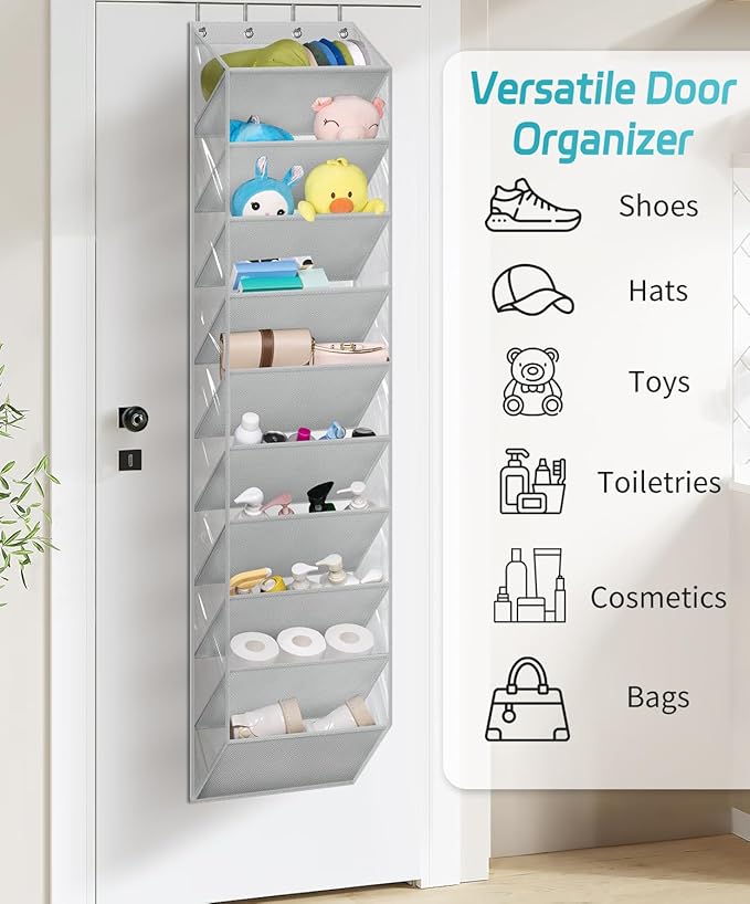 AOODA 10 Tier Clear Over the Door Shoe Organizer Storage, Deep Pockets Large Hanging Shoe Rack for Closet Door, Fit 20 Pairs Shoe Holder Hanger for Boots (Grey)