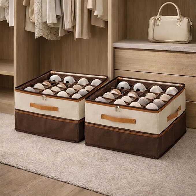 Shoe Organizer for Closet, 2 Pack Foldable Shoe Storage Organizer with Clear Cover and Reinforced Handles,Space Saving Stackable Shoe Boxes for Closet and Bedroom,Coffee Brown and Cream Beige