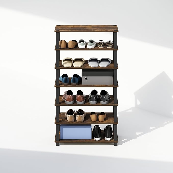 Furinno Turn-S-Tube Set of 2 Shoe Rack, 4-Tier Shoe Organizer, Shoe Storage with Multipurpose, 11.6 x 23.6 x 22.3, for Closet Entryway, Office, Garage, Amber Pine/Black
