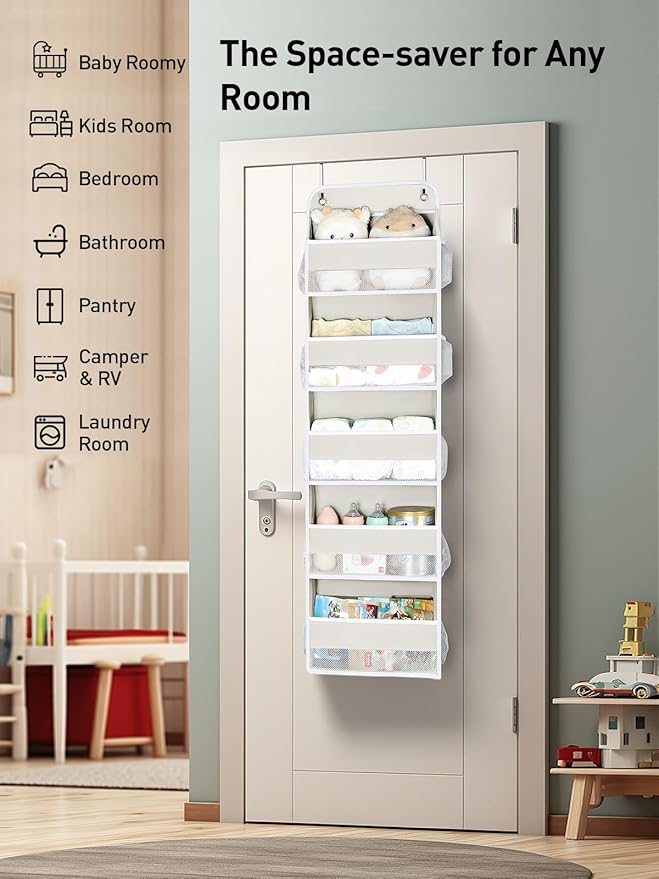 Yecaye 5 Tier Over the Door Organizer, 44lbs Load Toy Stuffed Animal Storage 10 Side Pockets, Bathroom Organizers and Storage for Nursery Newborn Baby Essential Stuff Dorm Room Essentials, Cream White