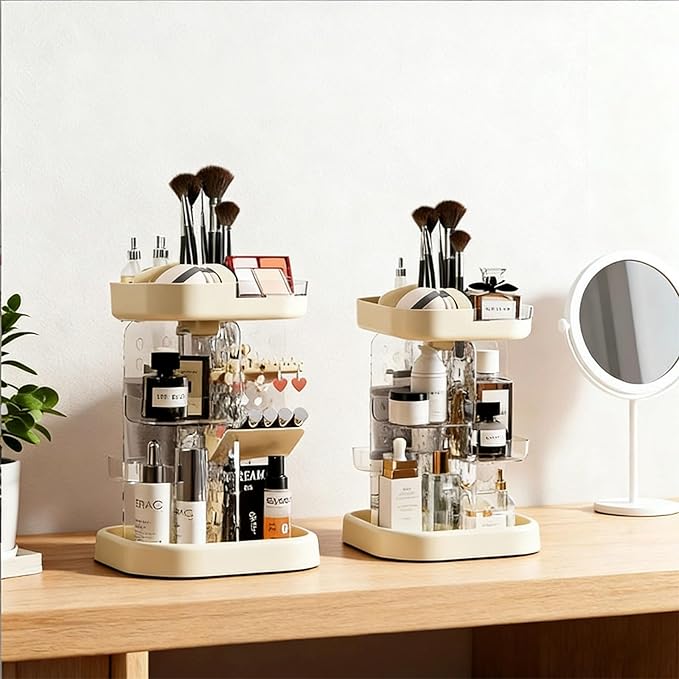 360 Spinning Rotating Makeup Organizer for Vanity with Adjustable Trays Lipstick Earring Storage Makeup Desk Storage Carousel Rack, Cosmetic Display Cases for Dresser Bathroom Holder (Cream)
