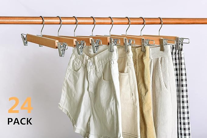 Amber Home 24 Pack 14.17" Solid Natural Wooden Pant Skirt Hangers, Bottom Hangers for Slacks Trousers Jeans with 2-Adjustable Anti-Rust Clips (Natural, 24 Pack)
