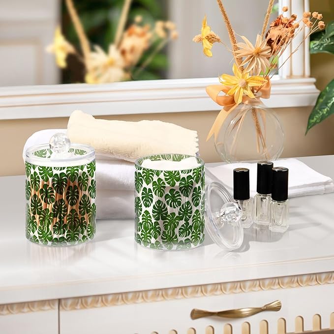 ALAZA 4pcs Monstera Leaf Palm Green White Qtip Holder Dispenser 14 oz Bathroom Storage Clear Apothecary Jars Containers Cotton Ball,Cotton Rounds,Floss Picks, Hair Clips, Food