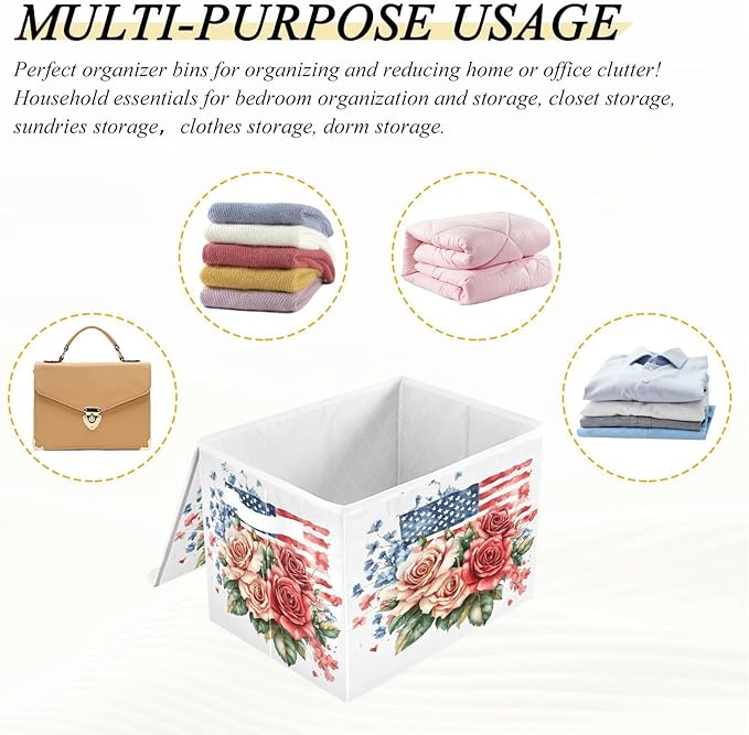 senya July Fourth Baskets Collapsible Storage Bins with Lids, Roses Gypsophila Flag Storage Boxes Clothes Baskets for Organizing