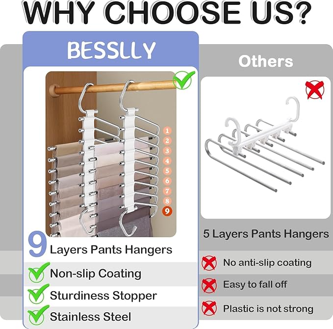 Upgrade 9 Layers Pants Hangers Space Saving, 4 Pack Multifunctional Pants Rack Non Slip Stainless Steel Clothes Space Saver Hangers Closet Organizers Storage for Pants Jeans Legging Skirt, Silky White