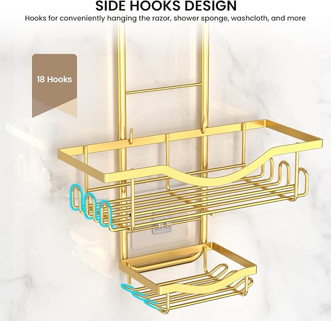 Shower Caddy Hanging Adjustable Shower Caddy, Rustproof Shower Organizer Extended Length Showers Caddy Over Shower Head with Hooks Soap Holder, Large Capacity Anti-Swing Bathroom Organizer, Gold