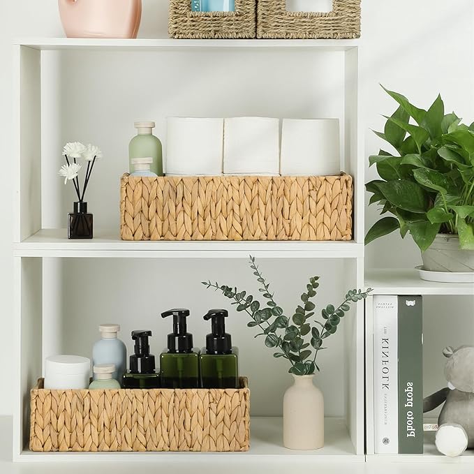 Graciadeco Nesting Small Wicker Basket, Water Hyacinth Toilet Paper Baskets Bathroom Organizer Woven Long Narrow Baskets for Organizing Pantry Bathroom Toilet Tank, 2 Pack