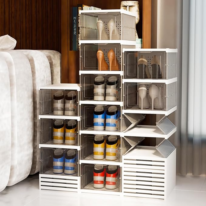 YIIHAA 6 Tier Shoe Rack Shoe Storage Box Size up to 14, No Assembly Stackable with Clear Door, Free Standing Shoe Shelf Cabinet with Lid, Plastic Shoe Rack (Transparent)
