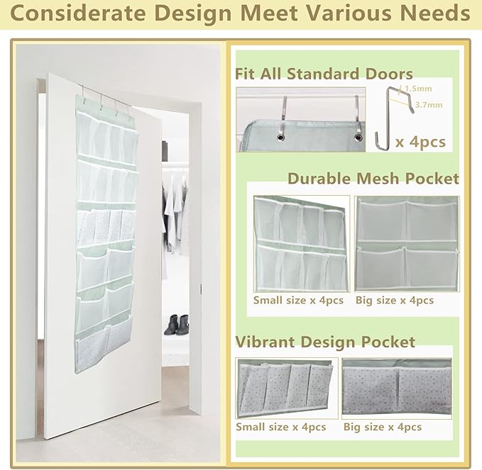 18 Pockets Over the Door Organizer with 4 Kind Pockets,Behind Door Shoes Rack,Back of Closet Storage Organization for Socks,Hat,Underwear,Luggage Packing,Hanging Holder Shelf in Home Dorm,Travel,Green
