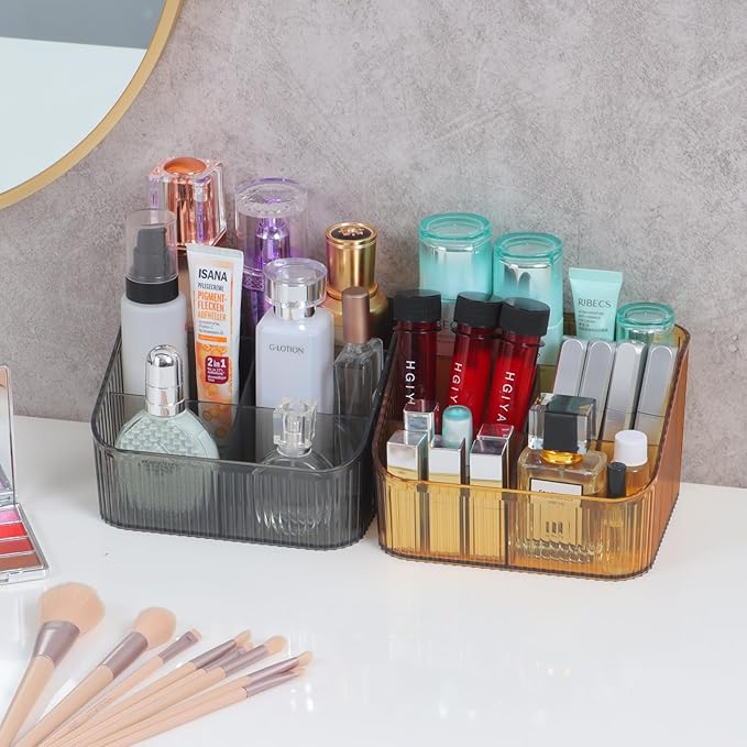 Amber Makeup Organizer, Makeup Brush Holder 8 Cups for Vanity, Bathroom Countertop Organizer, Dresser Cups for Cosmetic Display, Skincare Stroage, Perfume Stand, Toiletry