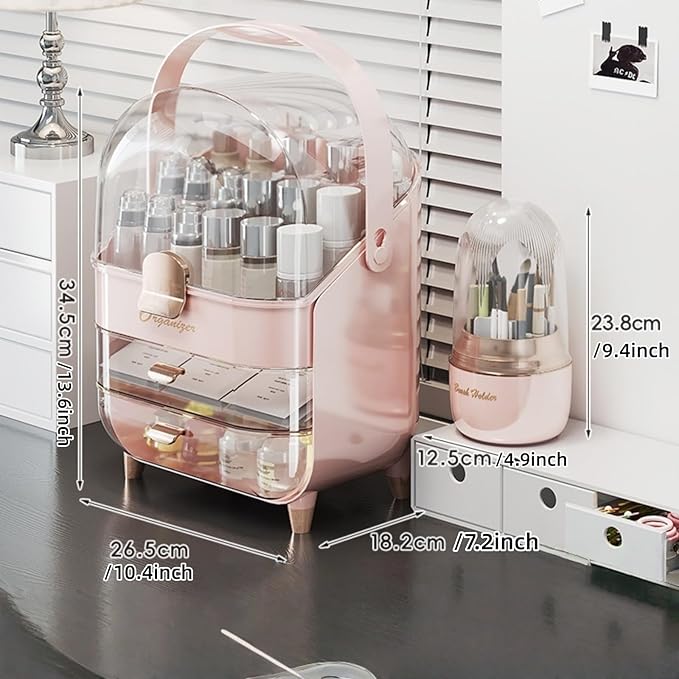 Makeup Organizer, Skincare Organizers with Clear Lid & 2 Drawers and 360° Rotating Brush Holder