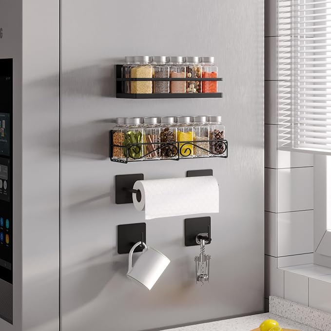 Magnetic Spice Rack for Refrigerator, 4 Pack Strong Magnetic Shelf for Spices, Jars, Bottles, Perfect Space Saver for Small Kitchen/Apartment (Black, 4pack)