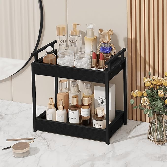 Bathroom Organizer Countertop, 2 Tier Wooden Vanity Counter Organizer, Decorative Tiered Bathroom Shelf for Storage, Coffee Bar Makeup Perfume Caddy, Black