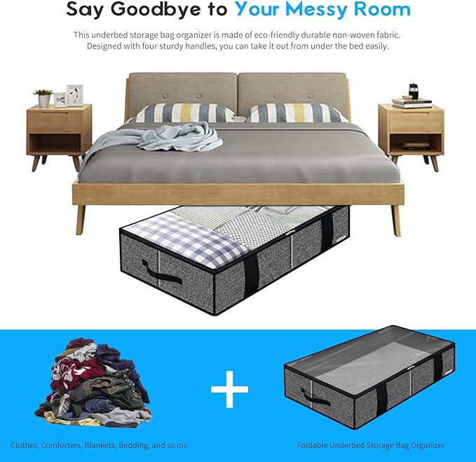 Onlyeasy Underbed Fabric Storage Bags Organizer with 4 Handles, 2 Zippers and Large Clear Window, for Clothes, Blankets, Bedding, Foldable with Sturdy Structure, 2 Pack, Linen-like Black, MXAUBBSS2P