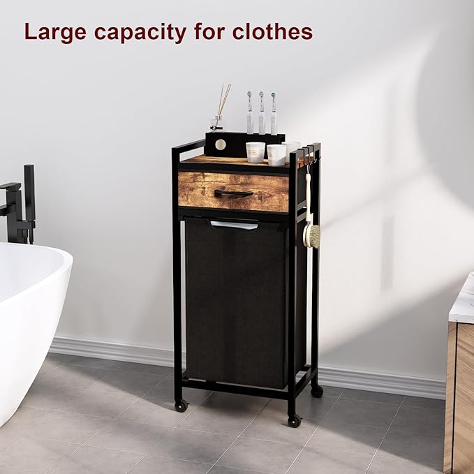 Timberer Laundry Hamper, Laundry Sorter, Rolling Laundry Basket with Drawer, 18 Gal (68 L), Pull-Out and Removable Oxford Fabric Bags, Black and Rustic Brown