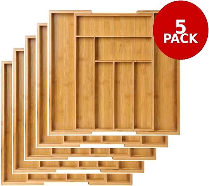 Kitchen Drawer Organizer Expandable Bamboo, Utensil Organizer for Kitchen Drawer, Adjustable Silverware Organizer Tray 13–19.6”, Wooden Cutlery Drawer Organizer, Deep Compartments (5)