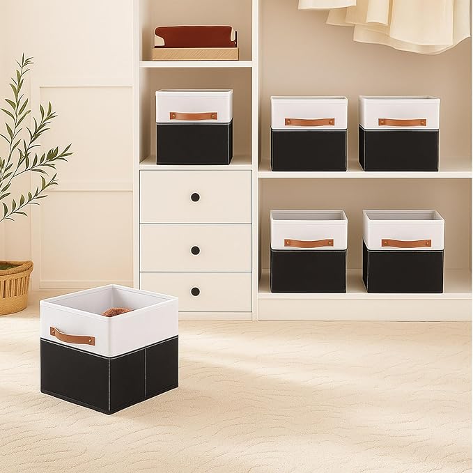 ShellKingdom Storage Bins, Two-Tone Foldable Fabric Storage Cubes with Leather Handle for Closet Toys Clothes Storage Organizer Drawer, 10.5 X 10.5 X 11 inch, 2 Pack (White/Black)