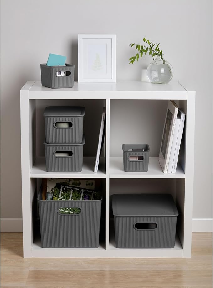 Decorative Plastic Basket Lidded Home Storage Bins Organizer Baskets, Medium Grey (1 Pack - 5 Liter) Stackable Container Box, for Organizing Closet Storage Bins for Shelves - Ribbed Collection